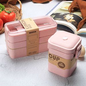 900ml Lunch Box Bento de qualité alimentaire 3 couches de paille de blé es micro-ondes vaisselle conteneurs de stockage Lunchbox 210709