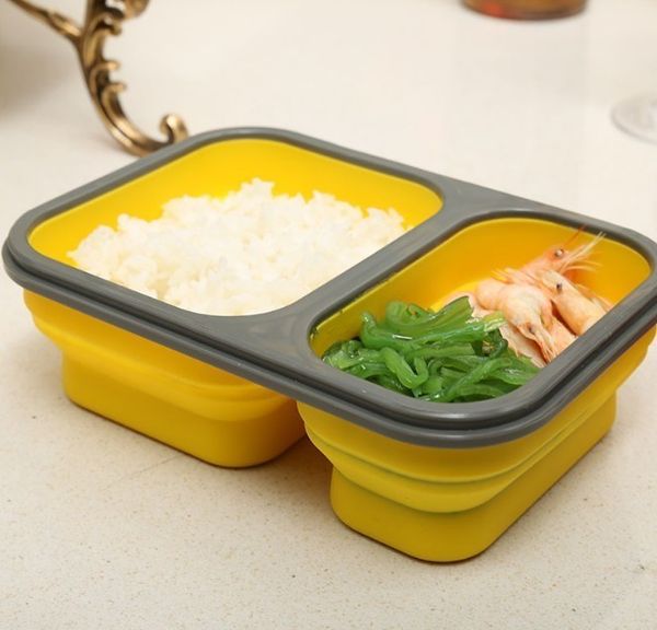 900ml Silicone Pliable Portable Lunch Box Conteneur de stockage des aliments 2 Cell Bowl Bento Boîtes Pliant Lunchbox Eco-Friendly Y200429