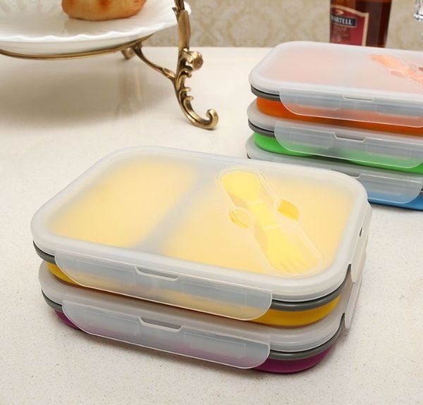 900ml Silicone Pliable Portable Boîte À Lunch Conteneur De Stockage Des Aliments 2 Cellules Bol Bento Boîtes Pliante Boîte À Lunch Écologique 201016