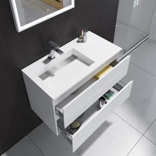 Meubles de salle de bain 900 mm Vanité debout en pierre solide de surface solide Blum Tiroir Valeur de murs suspendus Stockage 2914