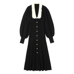 Qianhe – robe de défilé pour femmes, manches longues, col à revers, noire, imprimé floral, automne 908, 2022