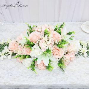 90cm table de conférence de fleurs artificielles rangée de fleurs rose lily hortensia feuille de mariage décor de table centres de table fleur coureur Y200903