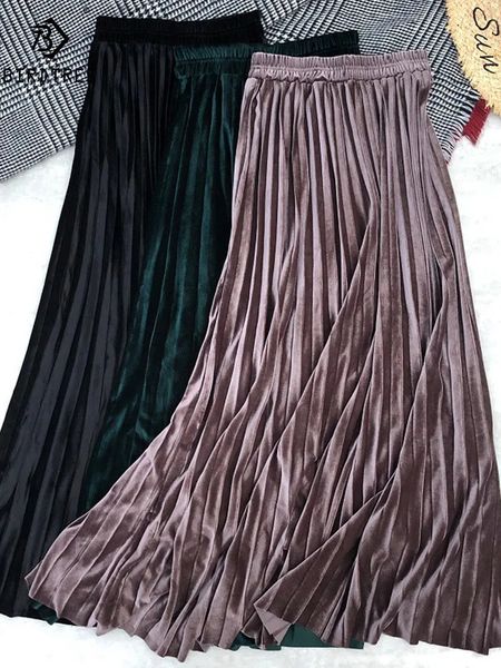 90 cm automne hiver femmes doré velours jupe longue dames coréennes élastique décontracté taille haute jupes bas plissés B07004R 240314
