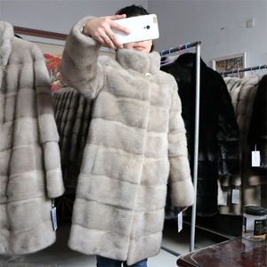 L'ourlet et les manches des femmes de manteau de vison naturel de luxe de 90cm de long peuvent être enlevés le vrai vison gris naturel peut être personnalisé 201212