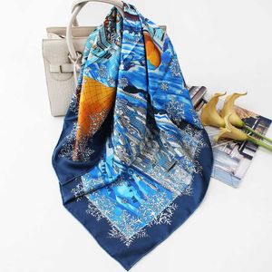 90 cm Nieuwe Luxe 100% Twill Silk Sjaal Dames Mode Kerchief Bandana Moscow Sneeuw Nacht Print Sjaal Hijab Hoofdband Hand Rolling Q0828