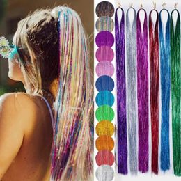 90 cm glanzende draden Glitter Haar Tinsel Kit Glitter String Extensions Hippie -accessoires voor vrouwenhoofdtooi 23 kleuren