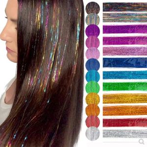 90 cm Sparkle Hair Tinsel Rainbow kleurrijke strengen meisjes hoofddeksel haarhaar laser vals haar extensions decor glitter strips