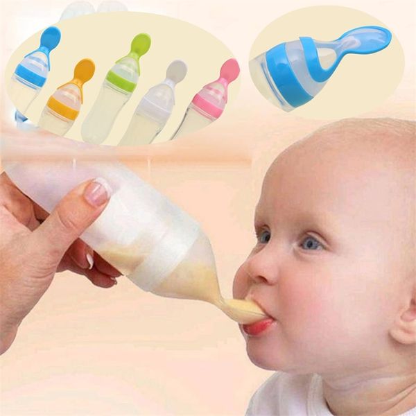 90ML Lovely Safety Infant Baby Silicone Alimentazione con cucchiaio Alimentatore Cibo Riso Bottiglia di cereali per regalo 211023