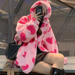 90s Harajuku en forma de corazón chaqueta de felpa de estampado para mujeres Corea de manga larga de tamaño largo.
