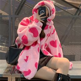 90s Harajuku hartvormige print pluche jas vrouwen winter Koreaans groot formaat lange mouw capuchon jas dik warm paar streetwear 220818