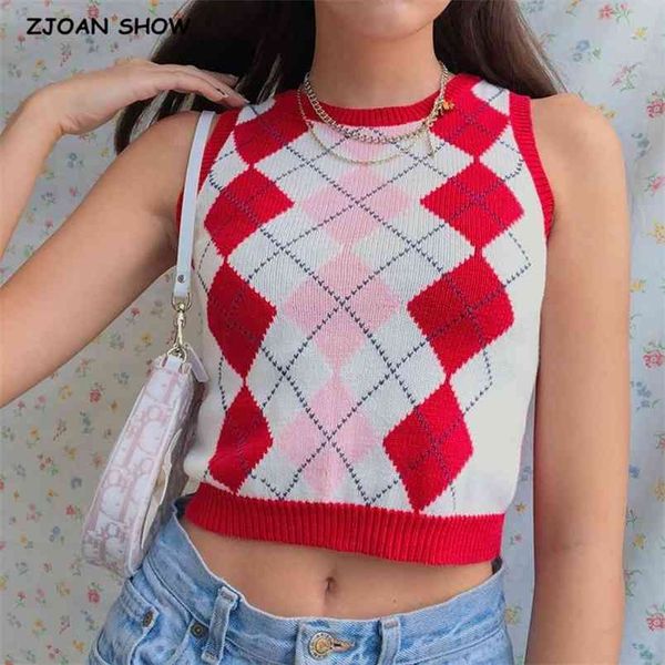 90s Red Argyle Plaid Tricoté Pull Gilet Femmes Streetwear Preppy Style Coréen Vêtements Rayé O Cou Débardeur Y2K Tricots 210429