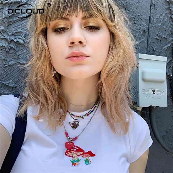 90s Retro Girls T Shirt Mujeres Verano Dulce Lindo Mushroom Embriodery Crop Tops Harajuku Punk Moda Camiseta K Pop Camiseta Femme 210401