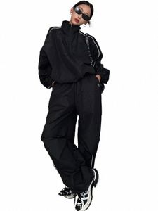 Années 90 Vintage Pantalons noirs Ensembles Femmes Y2K Street Zip Up Jacket Loose Wide Leg Track Pantalon Gorpcore 2 Piece Set Jogging Survêtement Y3cl #