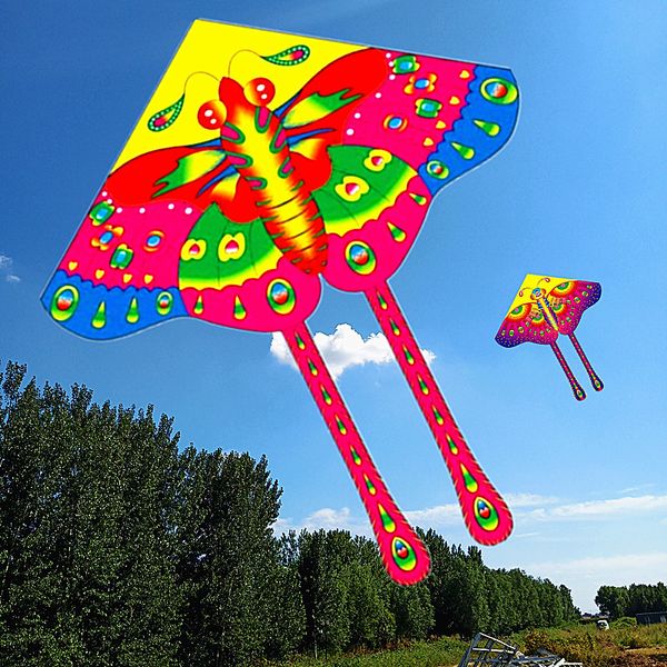 Cometa de mariposa colorida de 90x50cm para exteriores, plegable, de tela brillante, para jardín, cometas para niños, juguetes voladores al aire libre, cometas de juego para niños 4673 Q2