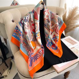 90x90 cm bloem nekchief ontwerper Bloem afdrukken Bloem Silk Sjang Hoofdband Women Fashion Square Handvlees Sjaals Paris Schouder Tot Bagage Lintkop wraps