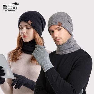 Chapeau d'hiver en laine tricoté chaud, gants de cou, ensemble de trois pièces avec capuchon de protection d'oreille en peluche, 9155