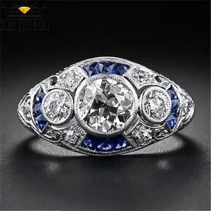 925 anillos Argent Rétro Court Plein Zircon Anneau Pour Femmes Dames Élégant Bleu Cristal Anneaux Banquet Saphir Bijoux 211217