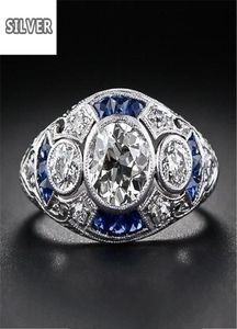 925 ANILLOS Silver Retro Court Full Cumbic Zirconia Ring pour les femmes Banquet de cristal bleu élégant Banquet Sapphire Jewelry8212386