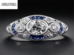 925 ANILLOS Silver Retro Court Full Cubic Zirconia Ring pour les femmes Banquet de cristal bleu élégant Banquet Sapphire Jewelry7157274