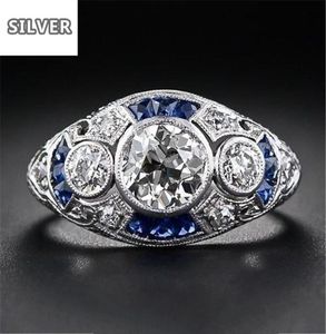 925 ANILLOS Silver Retro Court Full Cubic Zirconia Ring pour les femmes Banquet de cristal bleu élégant Banquet Sapphire Jewelry8378792