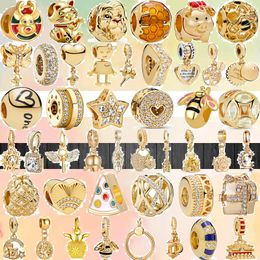 925 dijes de pulsera para Pandora charm set Caja original Gold Color Moon Star Lucy Cat Castle Wing Colgantes Family Love European Bead necklace charms jewelry