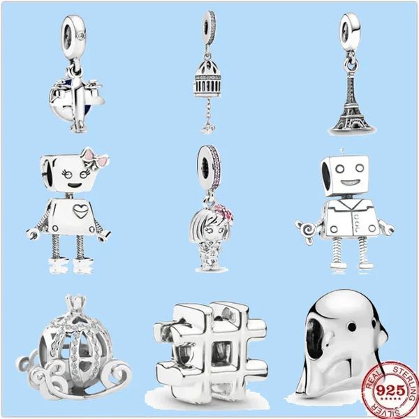 925 accesorios de abalorios aptos para joyería de abalorios pandora, venta al por mayor, avión, Robot, niña, pájaro, jaula, abalorio