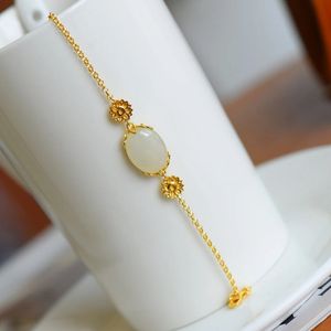 925 Tian Jade goudkleurige ronde sterling zilveren armband gecertificeerde sieraden echte originele aanbieding en pure armbanden met 240226
