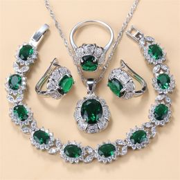 925 Mark Collar nupcial y aretes Conjuntos de joyas para mujeres Vestido de novia de moda Traje Pulsera y anillo con dijes de circón verde 220726