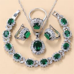 925 Mark Bridal ketting en oorbellen sieraden sets voor vrouwen mode trouwjurk kostuum groen zirkbruid bochthelband ring 220922