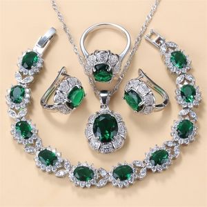 925 Mark Bridal ketting en oorbellen sieraden sets voor vrouwen mode trouwjurk kostuum groen zirkbruid bochthelband ring 220922