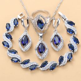 925 Mark Silver Color Accesorios para vestidos de novia Mujeres Collares y aretes nupciales Conjuntos de joyas Conjuntos de anillos de pulsera azul circón 240115