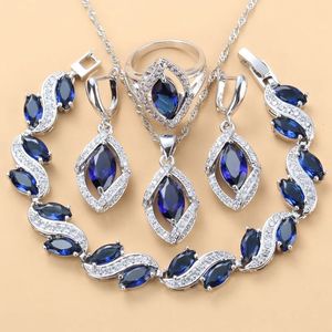 925 Mark Zilver Kleur Trouwjurk Accessoires Vrouwen Bruids Ketting En Oorbellen Sieraden Sets Zirkoon Blauwe Armband Ring Sets 240118