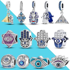 925 Livres Argent Nouvelle Mode Charme Pyramide Égyptienne Bleu Amulette, 925 Amulette De Protection En Argent, Perles De Fatima, Convient Au Bracelet De Chaîne De Bricolage