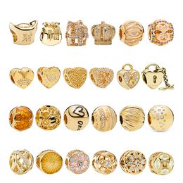 925 libras plata nueva moda encanto cuentas redondas originales, oro amor hueco hebilla fija con cuentas accesorios de bricolaje, pulsera Pandora compatible, cuentas