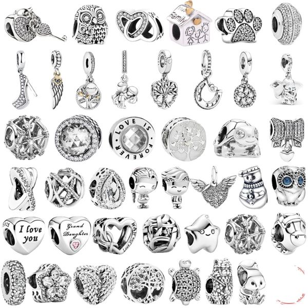 Perles rondes originales en argent sterling 925, breloques originales en argent sterling 925, arbre généalogique, flocons de neige, perles pendantes, bracelet Pandora compatible, perles.