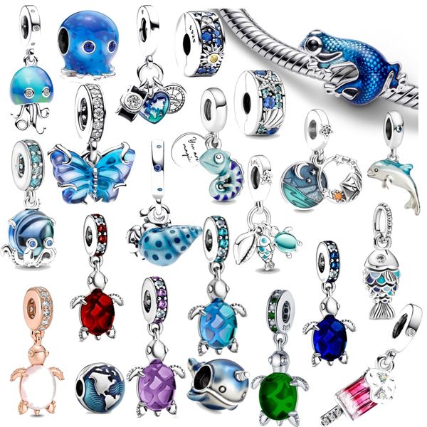 925 libras plata nueva moda encanto cuentas redondas originales, verano azul Gecko Murano mariposa de cristal brilla en la oscuridad cangrejo ermitaño, pulsera Pandora compatible, cuentas