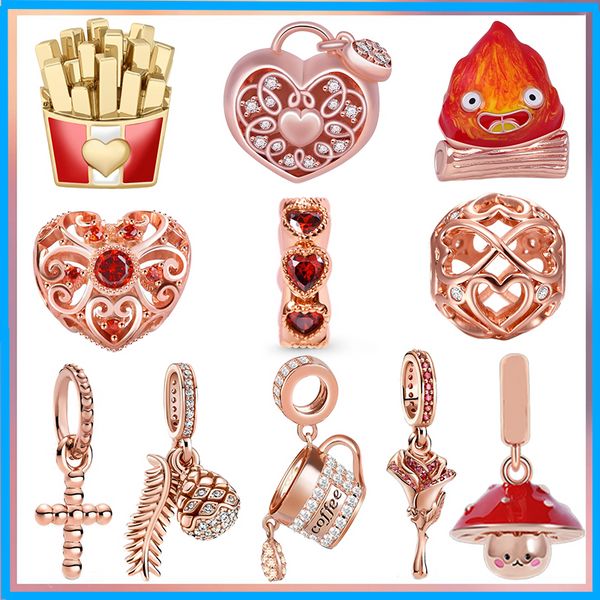 Perle en or rose pour femme avec breloque en argent 925 livres, croix d'amour exquise, plume, compatible avec les bracelets Pandora, fabrication de bijoux cadeaux