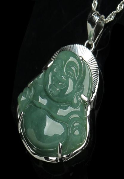 925 Pure Silvercrusted Jade Bouddha Pendant naturel A GOODS MYANMAR Huile émeraude Colliers masculins femmes 9384077