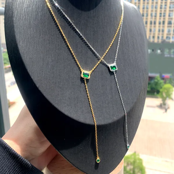 925 Serling Silver Green Square Drop CZ Cubic Zirconia Sexy Y Lariat Long Clavicule Chain Multi-couer Choker Collier Bijoux
