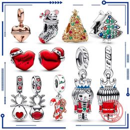 925 Plata 2023 invierno nuevo anillo de campana verdadero árbol de Navidad corazón rojo alce encanto ajuste Original pulsera PAN joyería envío gratis