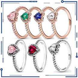 925 Silver Authentic Elevated Red Green Blue Blue Heart Ring con forma de sartén con Crystal Ladies Regalo de cumpleaños Joyas populares Envío gratis