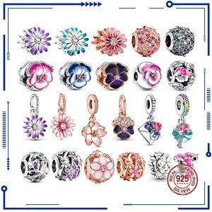 925 argent authentique rose violet et bleu marguerite fleur perles breloque adapté aux Bracelets PAN originaux bijoux de mode pour femmes livraison gratuite