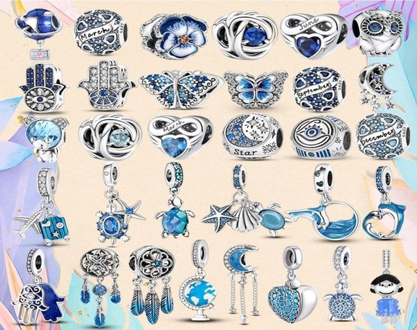 925 Perle argentée Charmes Parm Parm Bracelet Couleur bleu charme Butterfly Flower Chowl Turtle Dolphin Charmes Ciondoli DIY Fine B5790980