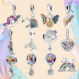 925 Cuentas de plata en forma de dijes Pandora Charm Bracelet Colorful Unicorn Charm Rainbow Hot Air Balloon charmes ciondoli DIY Fine Beads Jewelry