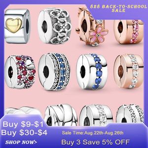 Cuentas de plata 925 para abalorios Pandora Charm pulsera Clip Charm Crystal Pave Flower Spacer charmes ciondoli DIY Fine Beads Jewelry