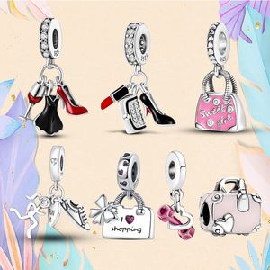 Cuentas de plata 925 compatibles con dijes Pandora, pulsera con tacones altos, lápiz labial, charmes ciondoli DIY, joyería de cuentas finas