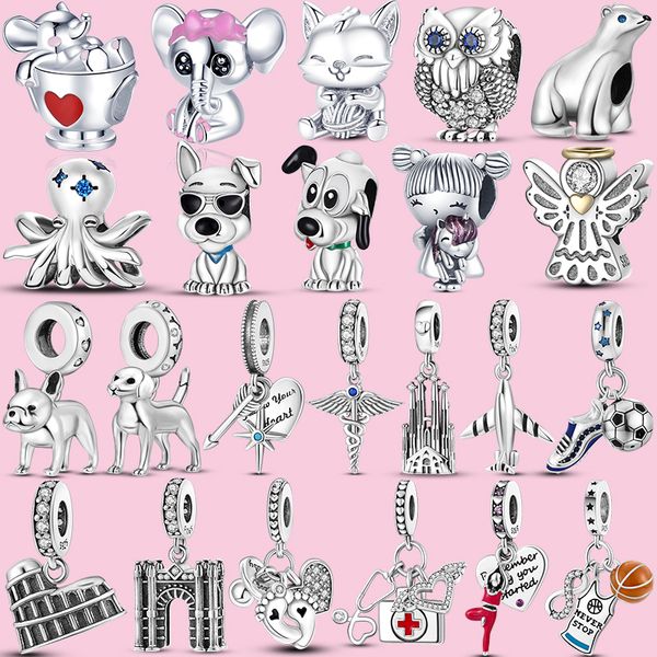 Perle en argent 925 fit Charms Pandora Bracelet à breloques Couleur Avion Mamelon Pied Paume Pêche Chat Fille charmes ciondoli DIY Fine Perles Bijoux