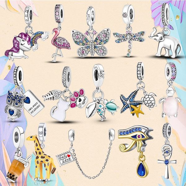 Cuentas de plata 925 para abalorios Pandora Charm Bracelet Cat Unicorn Giraffe Elephant charmes ciondoli DIY Fine Beads Jewelry