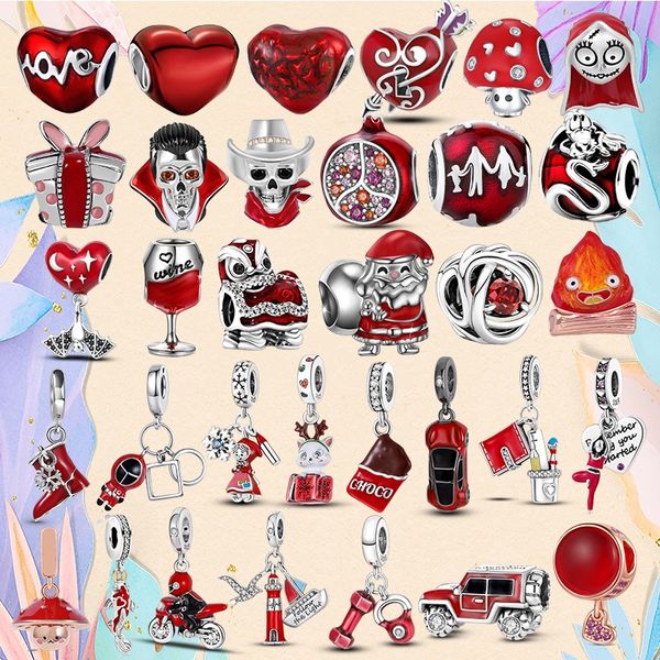 925 Perle en argent fit Charms Pandora Charm Bracelet Couleur Rouge Charme Champignon Crâne Perle De Voiture Coeur charmes ciondoli DIY Perles Fines Bijoux