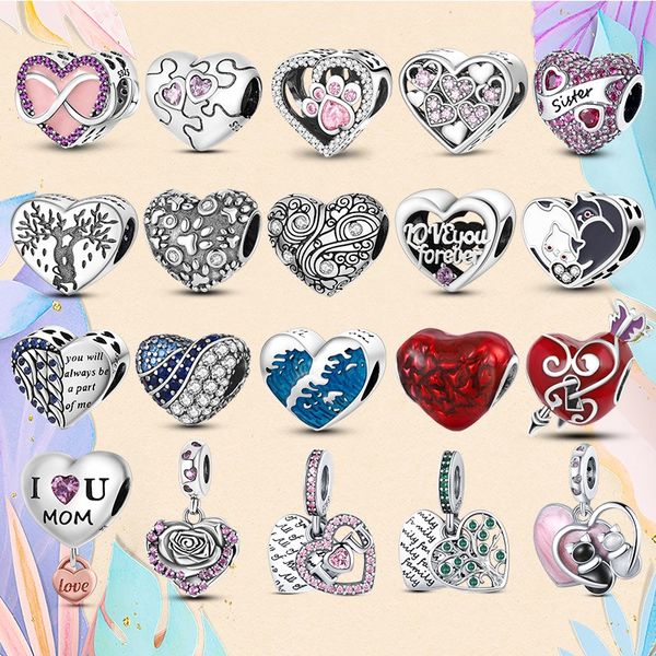 925 cuentas de plata en forma de dijes Pandora pulsera de dijes amor corazón serie encanto hermana familia mamá gato perro pata charmes ciondoli DIY cuentas finas joyería